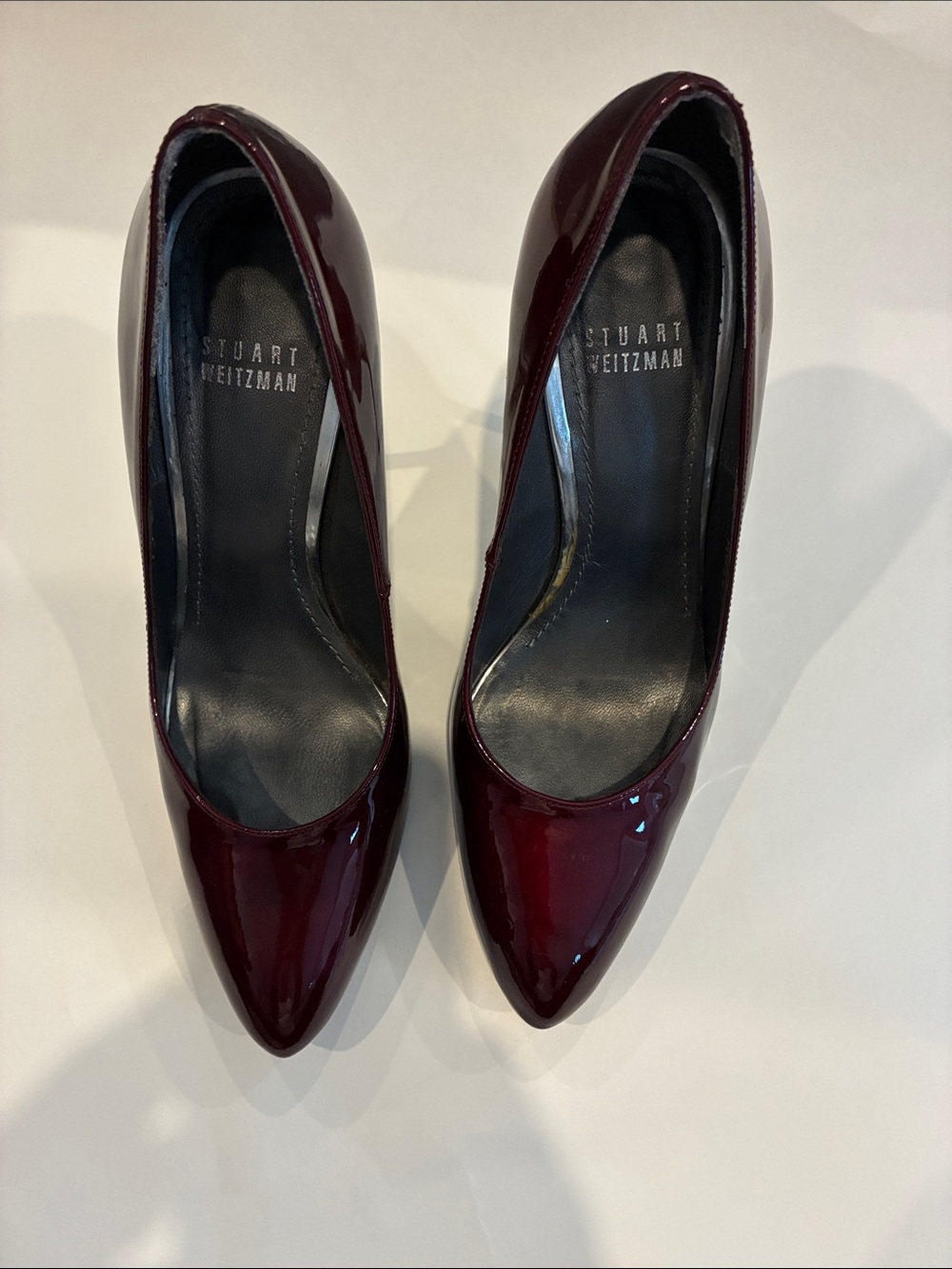 Stuart Weitzman Wine Patent Pointed-Toe Pumps with Silver Heels